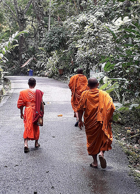 Mönche auf dem Weg nach Tat Kuang Si